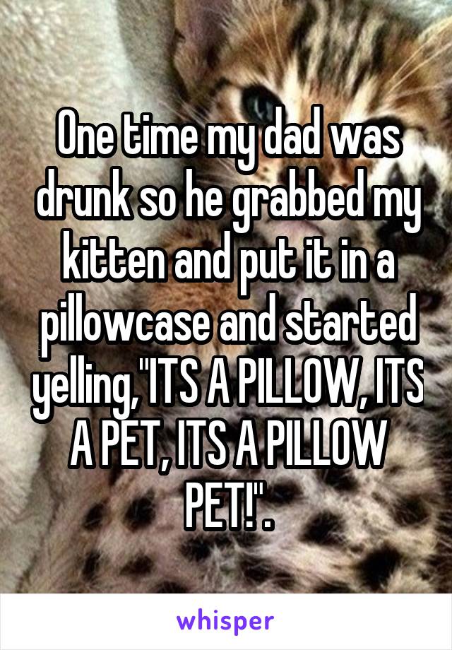 One time my dad was drunk so he grabbed my kitten and put it in a pillowcase and started yelling,"ITS A PILLOW, ITS A PET, ITS A PILLOW PET!".