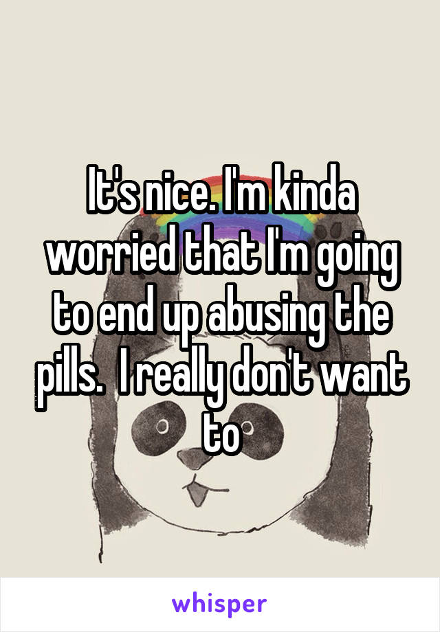 It's nice. I'm kinda worried that I'm going to end up abusing the pills.  I really don't want to