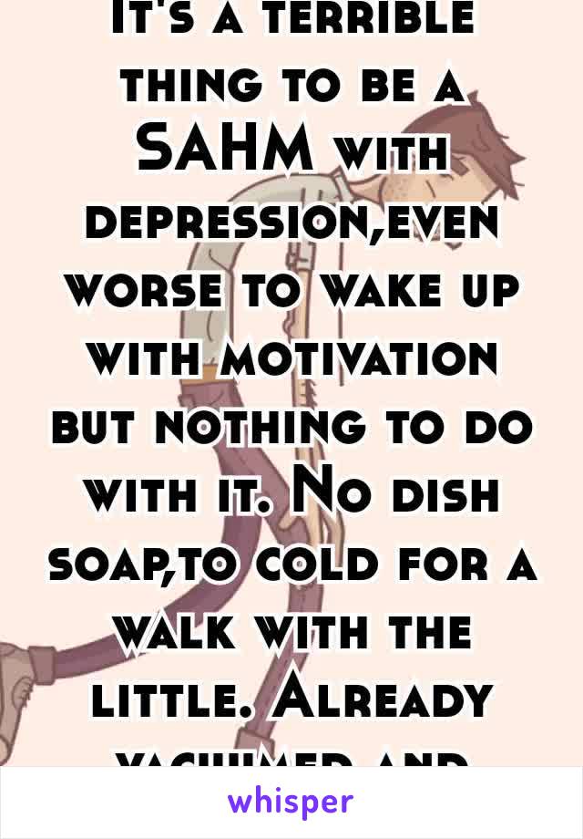 It's a terrible thing to be a SAHM with depression,even worse to wake up with motivation but nothing to do with it. No dish soap,to cold for a walk with the little. Already vacuumed and dusted 😣😢