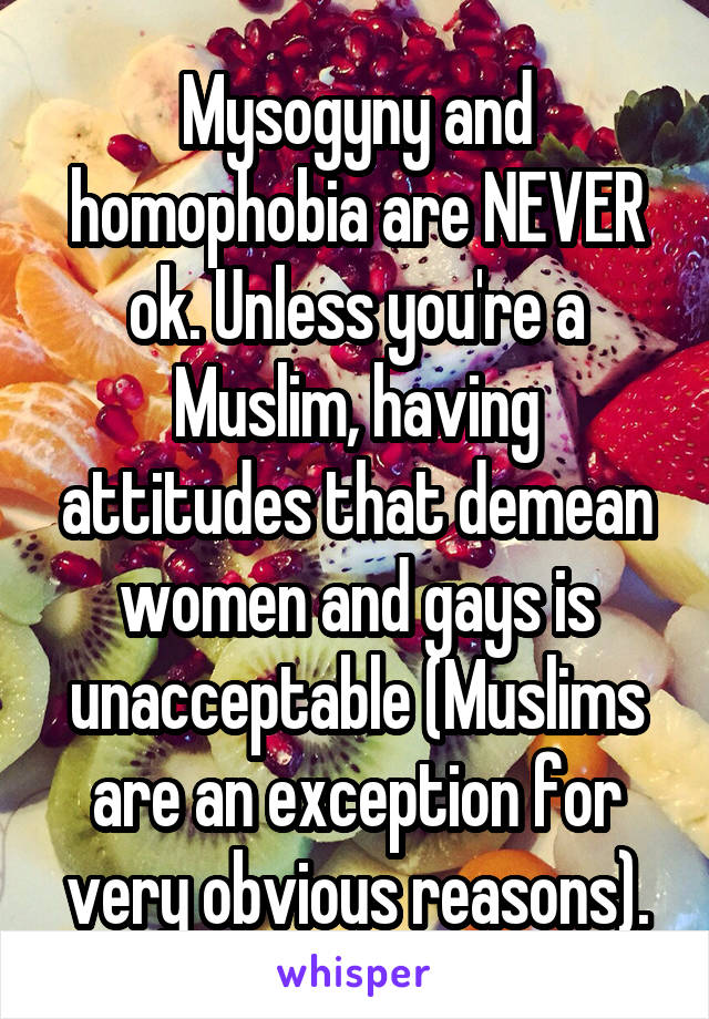 Mysogyny and homophobia are NEVER ok. Unless you're a Muslim, having attitudes that demean women and gays is unacceptable (Muslims are an exception for very obvious reasons).