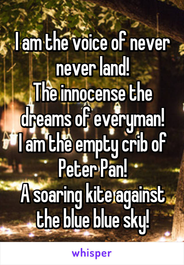 I am the voice of never never land!
The innocense the dreams of everyman!
I am the empty crib of Peter Pan!
A soaring kite against the blue blue sky!