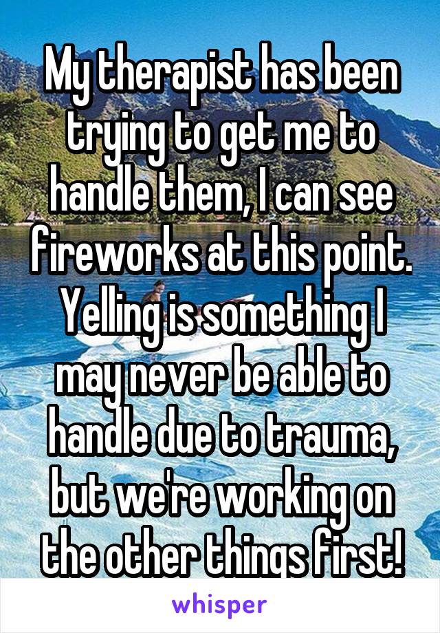 My therapist has been trying to get me to handle them, I can see fireworks at this point. Yelling is something I may never be able to handle due to trauma, but we're working on the other things first!