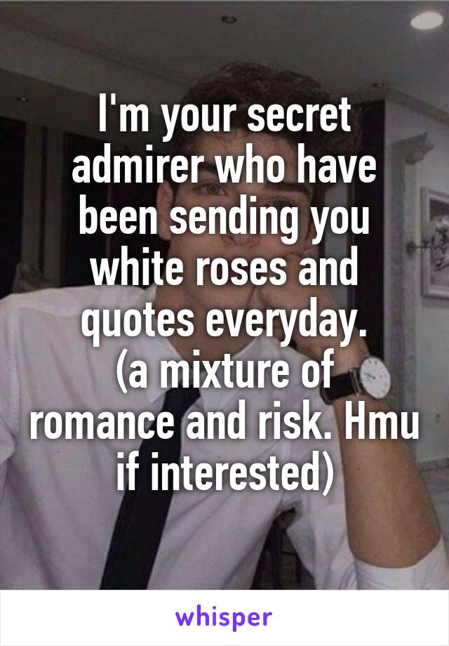 I'm your secret admirer who have been sending you white roses and quotes everyday.
(a mixture of romance and risk. Hmu if interested)
