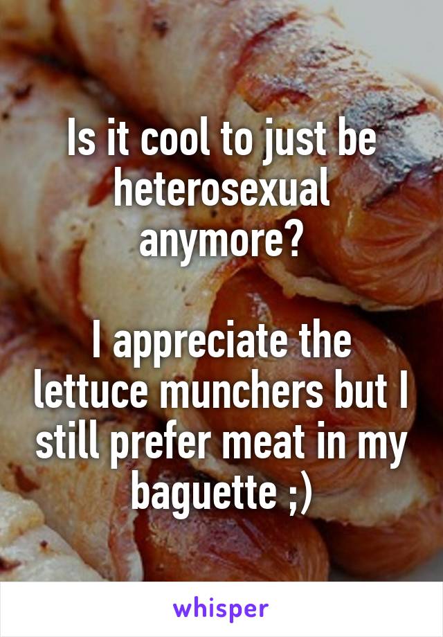 Is it cool to just be heterosexual anymore?

I appreciate the lettuce munchers but I still prefer meat in my baguette ;)