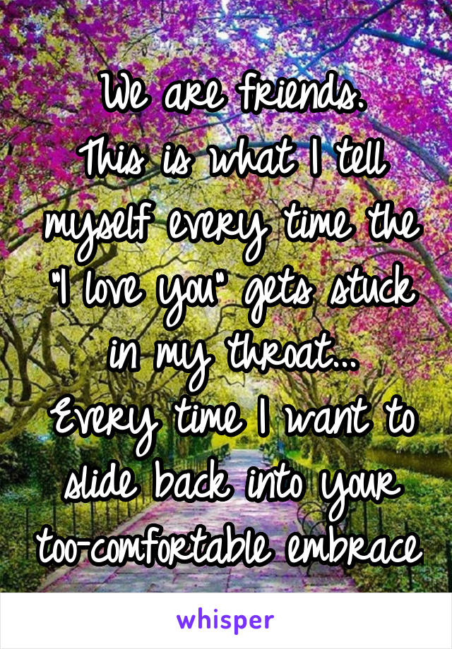 We are friends.
This is what I tell myself every time the "I love you" gets stuck in my throat...
Every time I want to slide back into your too-comfortable embrace.