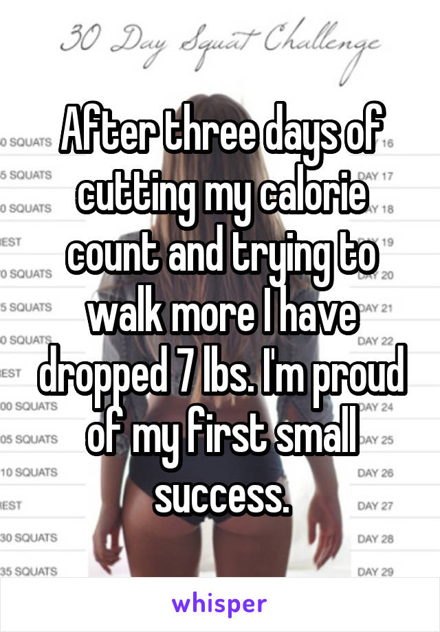 After three days of cutting my calorie count and trying to walk more I have dropped 7 lbs. I'm proud of my first small success.