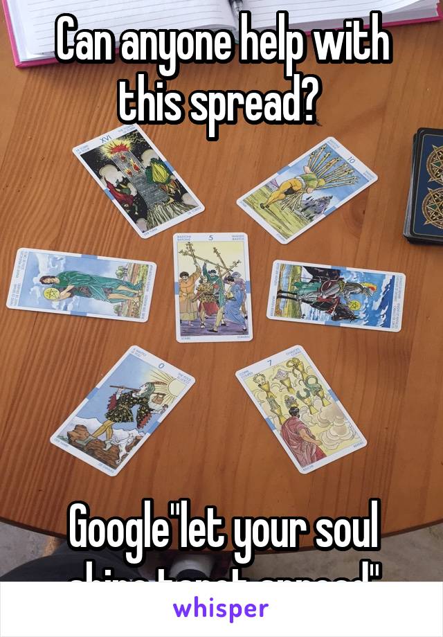 Can anyone help with this spread? 






Google"let your soul shine tarot spread"