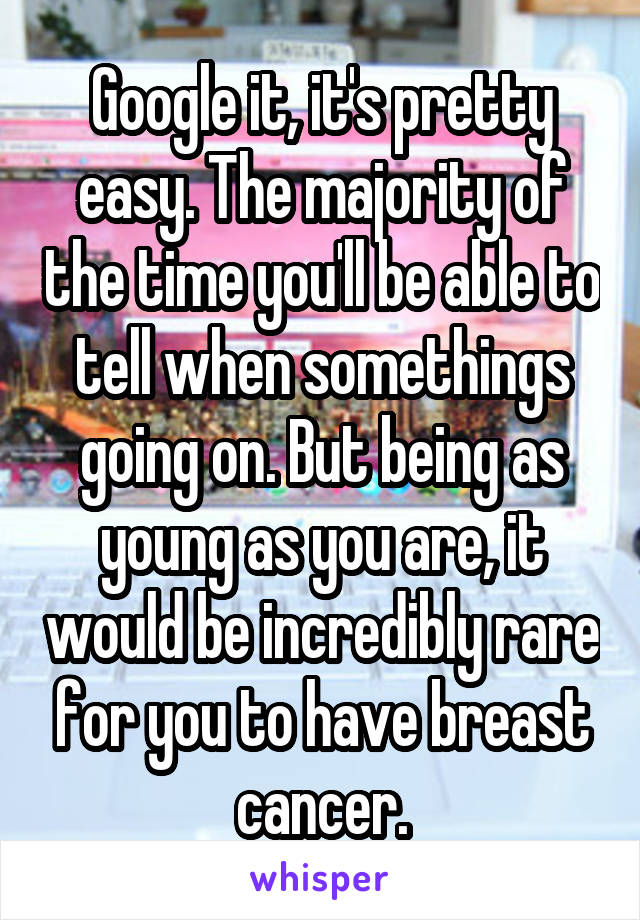 Google it, it's pretty easy. The majority of the time you'll be able to tell when somethings going on. But being as young as you are, it would be incredibly rare for you to have breast cancer.