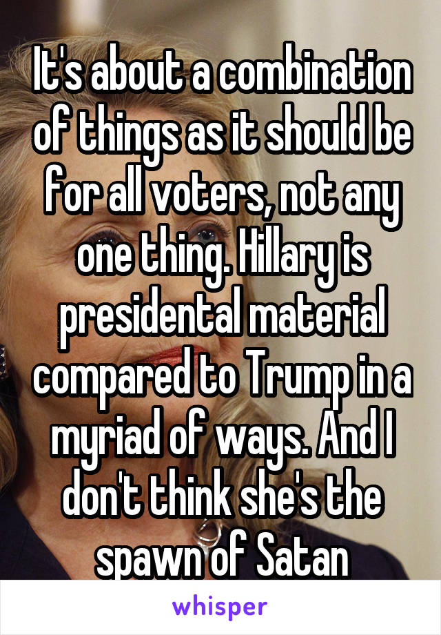 It's about a combination of things as it should be for all voters, not any one thing. Hillary is presidental material compared to Trump in a myriad of ways. And I don't think she's the spawn of Satan