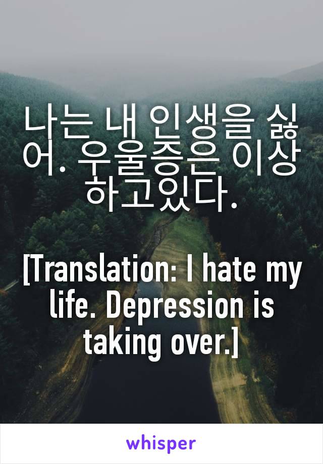 나는 내 인생을 싫어. 우울증은 이상하고있다.

[Translation: I hate my life. Depression is taking over.]