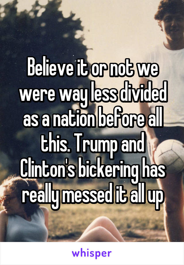 Believe it or not we were way less divided as a nation before all this. Trump and Clinton's bickering has really messed it all up