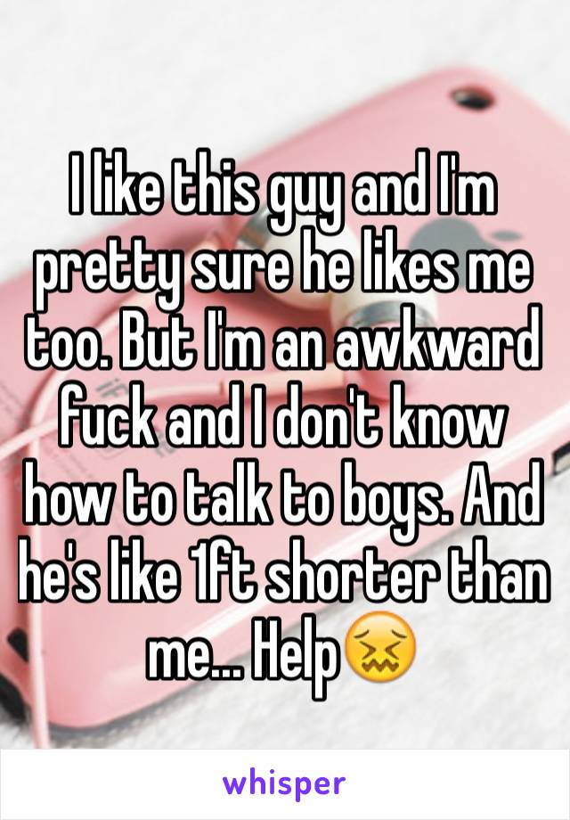 I like this guy and I'm pretty sure he likes me too. But I'm an awkward fuck and I don't know how to talk to boys. And he's like 1ft shorter than me... Help😖