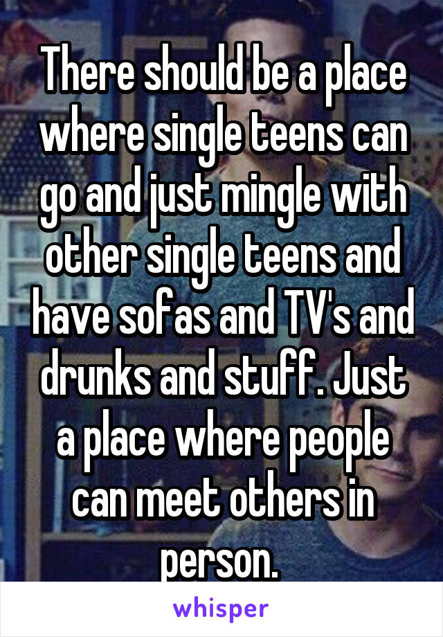 There should be a place where single teens can go and just mingle with other single teens and have sofas and TV's and drunks and stuff. Just a place where people can meet others in person. 