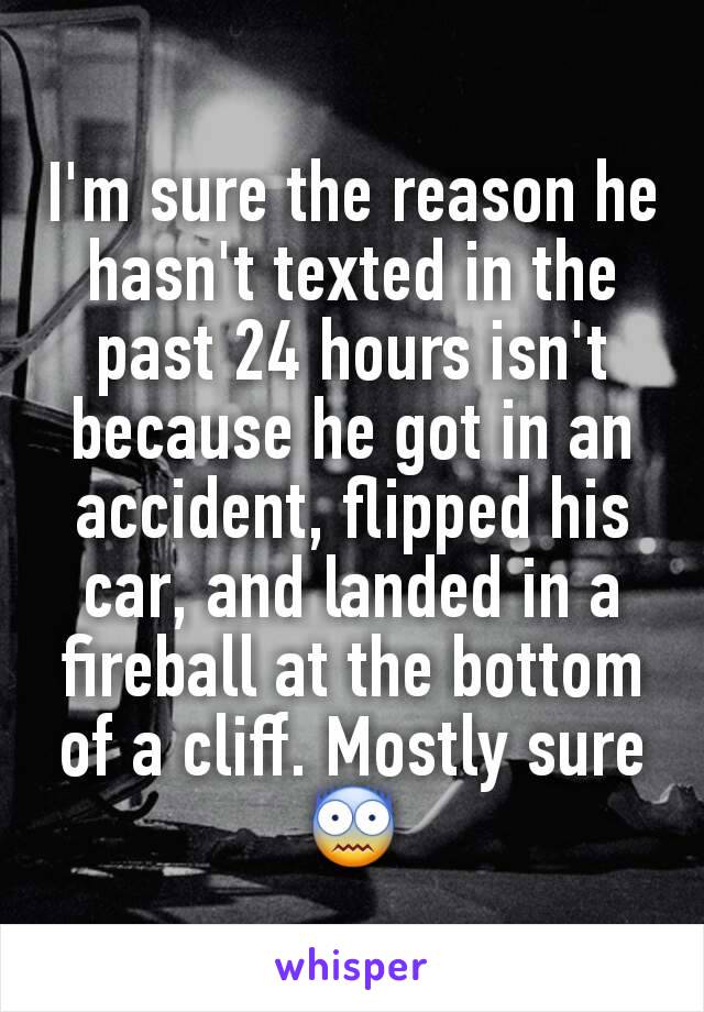 I'm sure the reason he hasn't texted in the past 24 hours isn't because he got in an accident, flipped his car, and landed in a fireball at the bottom of a cliff. Mostly sure
😨