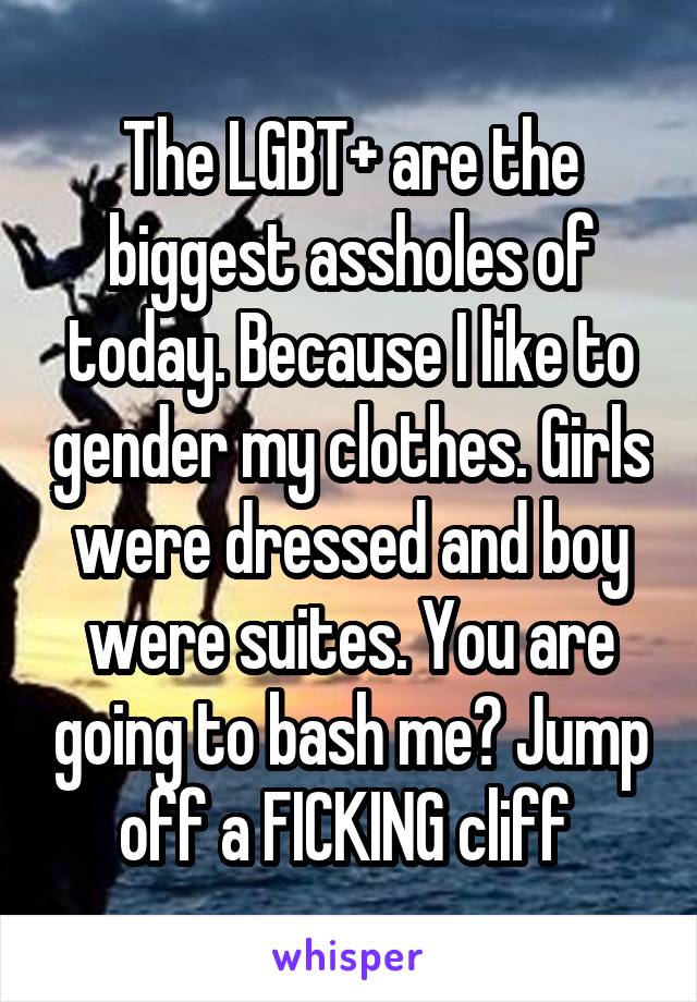 The LGBT+ are the biggest assholes of today. Because I like to gender my clothes. Girls were dressed and boy were suites. You are going to bash me? Jump off a FICKING cliff 