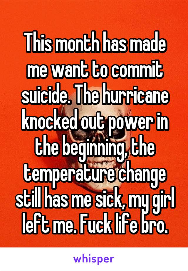 This month has made me want to commit suicide. The hurricane knocked out power in the beginning, the temperature change still has me sick, my girl left me. Fuck life bro.