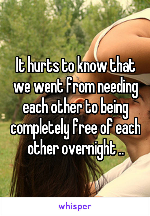 It hurts to know that we went from needing each other to being completely free of each other overnight ..