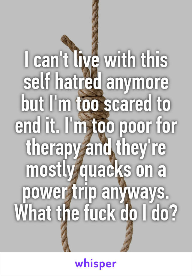 I can't live with this self hatred anymore but I'm too scared to end it. I'm too poor for therapy and they're mostly quacks on a power trip anyways. What the fuck do I do?