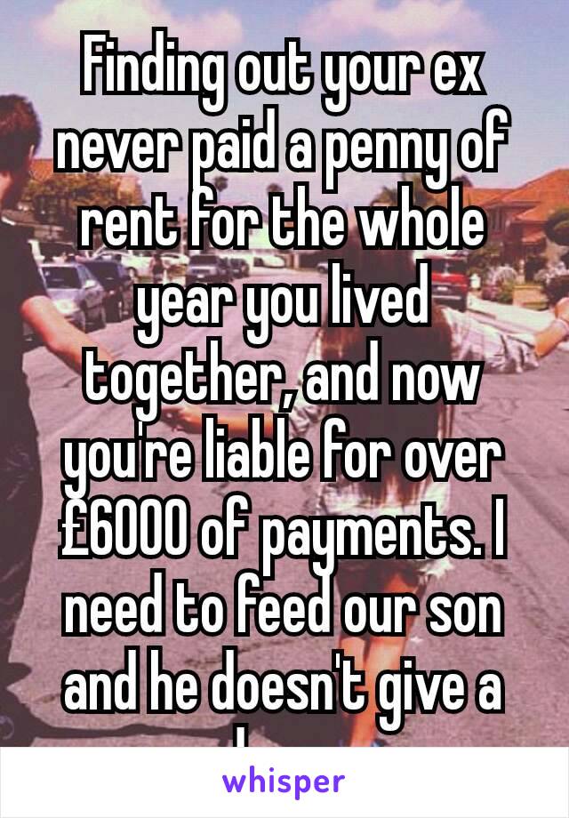 Finding out your ex never paid a penny of rent for the whole year you lived together, and now you're liable for over £6000 of payments. I need to feed our son and he doesn't give a damn.