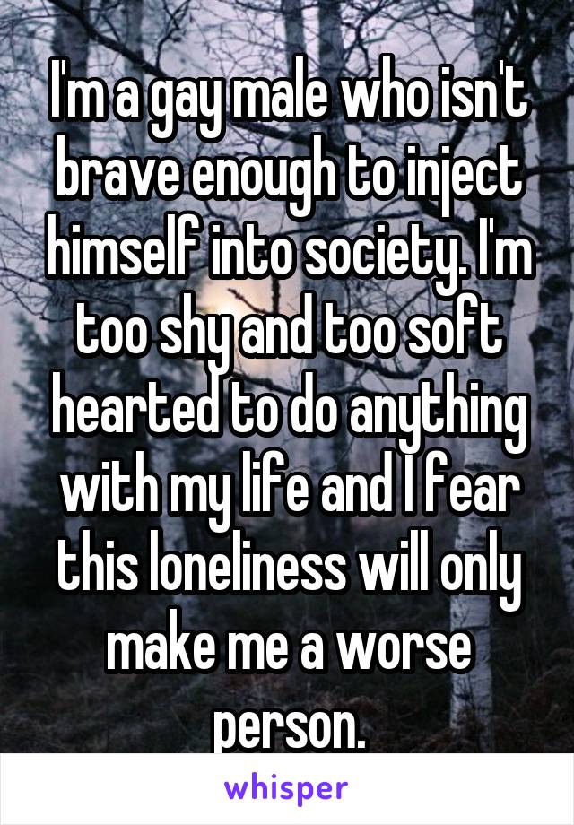 I'm a gay male who isn't brave enough to inject himself into society. I'm too shy and too soft hearted to do anything with my life and I fear this loneliness will only make me a worse person.