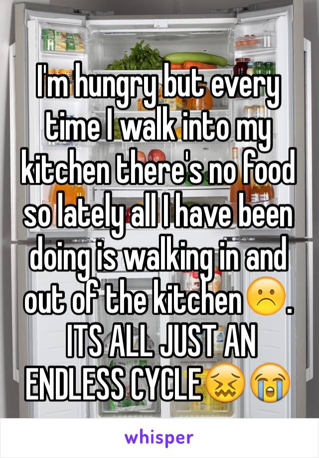 I'm hungry but every time I walk into my kitchen there's no food so lately all I have been doing is walking in and out of the kitchen☹️.
 ITS ALL JUST AN ENDLESS CYCLE😖😭