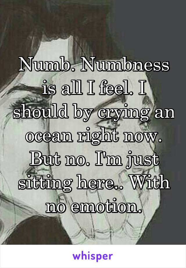 Numb. Numbness is all I feel. I should by crying an ocean right now. But no. I'm just sitting here.. With no emotion.