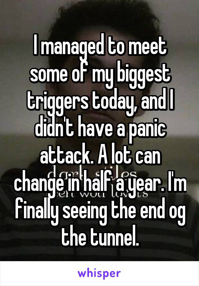 I managed to meet some of my biggest triggers today, and I didn't have a panic attack. A lot can change in half a year. I'm finally seeing the end og the tunnel.