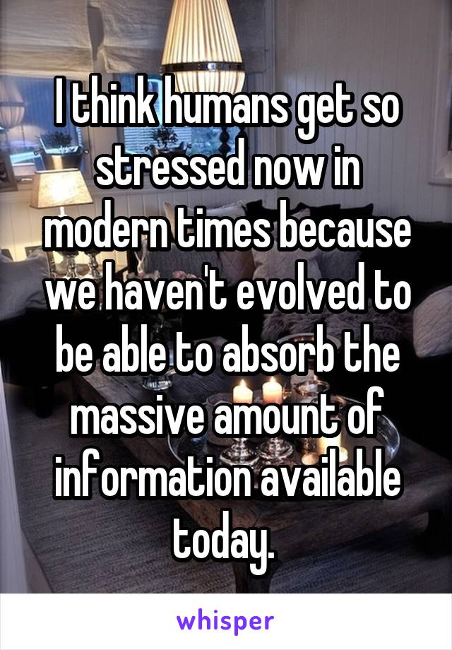 I think humans get so stressed now in modern times because we haven't evolved to be able to absorb the massive amount of information available today. 