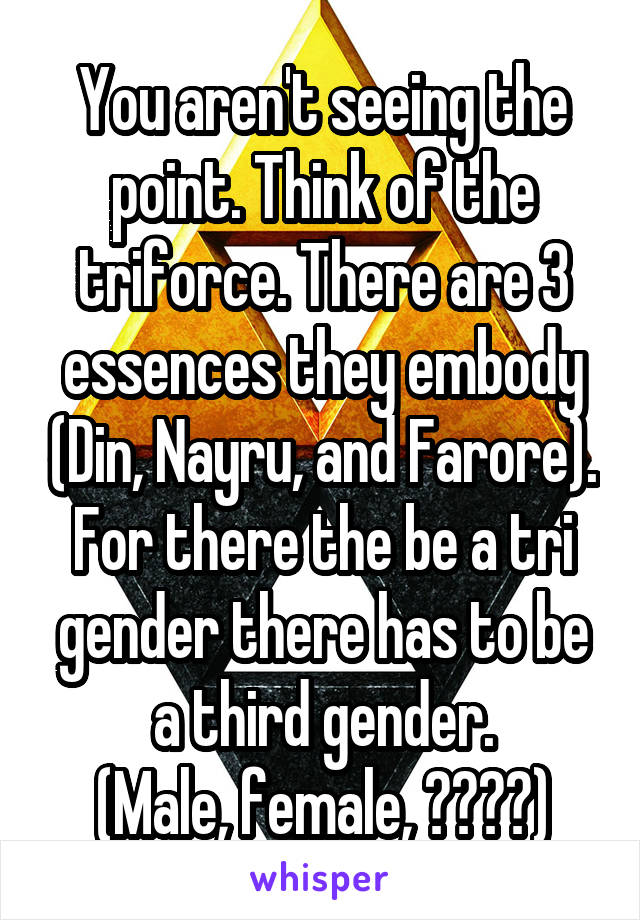 You aren't seeing the point. Think of the triforce. There are 3 essences they embody (Din, Nayru, and Farore). For there the be a tri gender there has to be a third gender.
(Male, female, ????)