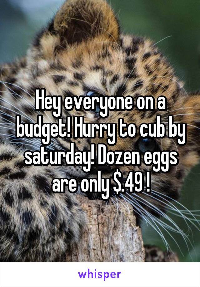 Hey everyone on a budget! Hurry to cub by saturday! Dozen eggs are only $.49 !