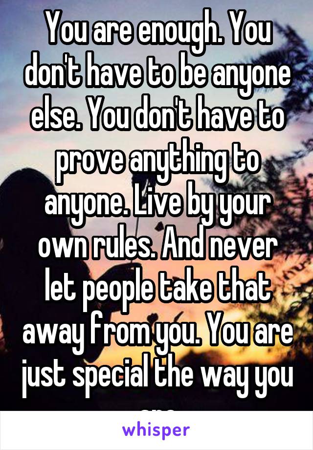 You are enough. You don't have to be anyone else. You don't have to prove anything to anyone. Live by your own rules. And never let people take that away from you. You are just special the way you are