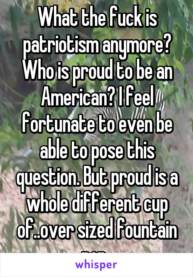 What the fuck is patriotism anymore? Who is proud to be an American? I feel fortunate to even be able to pose this question. But proud is a whole different cup of..over sized fountain pop. 