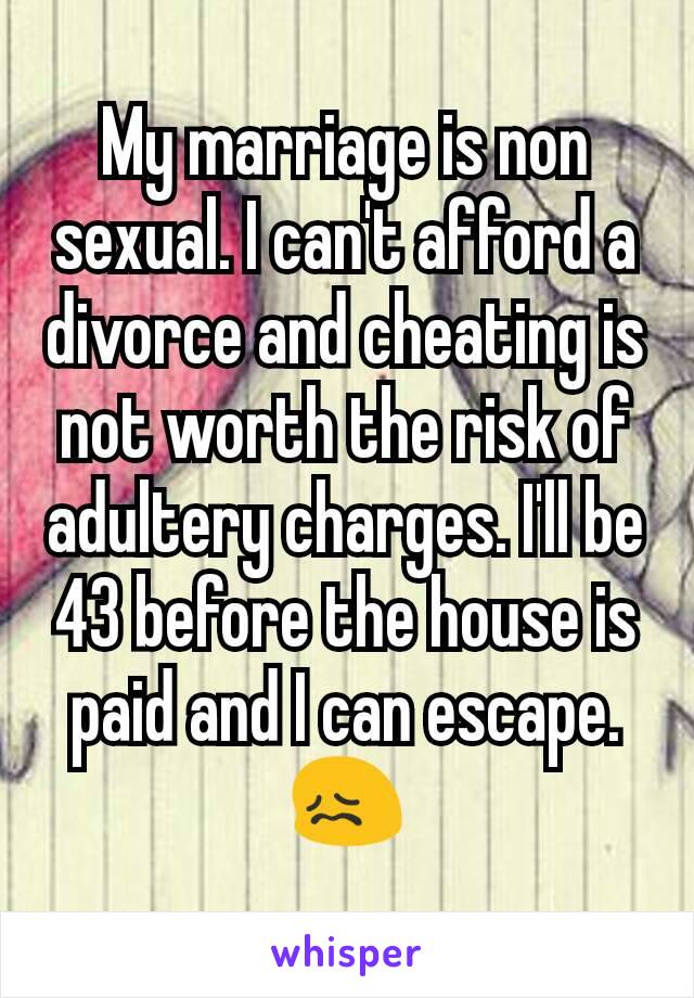 My marriage is non sexual. I can't afford a divorce and cheating is not worth the risk of adultery charges. I'll be 43 before the house is paid and I can escape. 😖