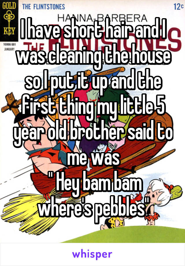 I have short hair and I was cleaning the house so I put it up and the first thing my little 5 year old brother said to me was
 " Hey bam bam where's pebbles"
