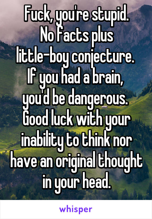 Fuck, you're stupid.
No facts plus little-boy conjecture. 
If you had a brain, 
you'd be dangerous. 
Good luck with your inability to think nor have an original thought in your head.
