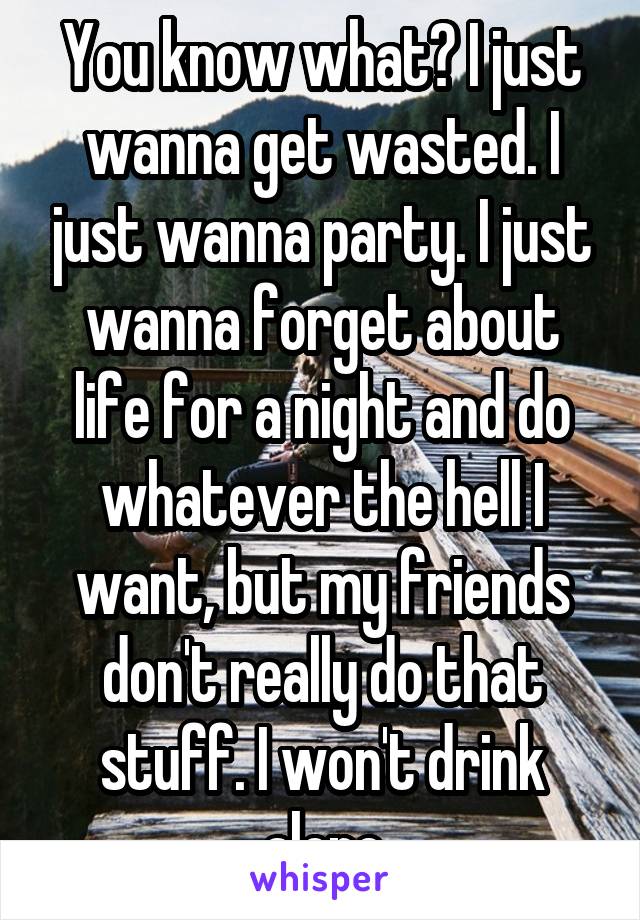 You know what? I just wanna get wasted. I just wanna party. I just wanna forget about life for a night and do whatever the hell I want, but my friends don't really do that stuff. I won't drink alone