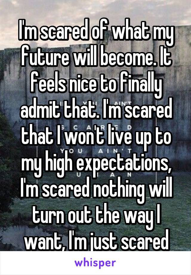 I'm scared of what my future will become. It feels nice to finally admit that. I'm scared that I won't live up to my high expectations, I'm scared nothing will turn out the way I want, I'm just scared