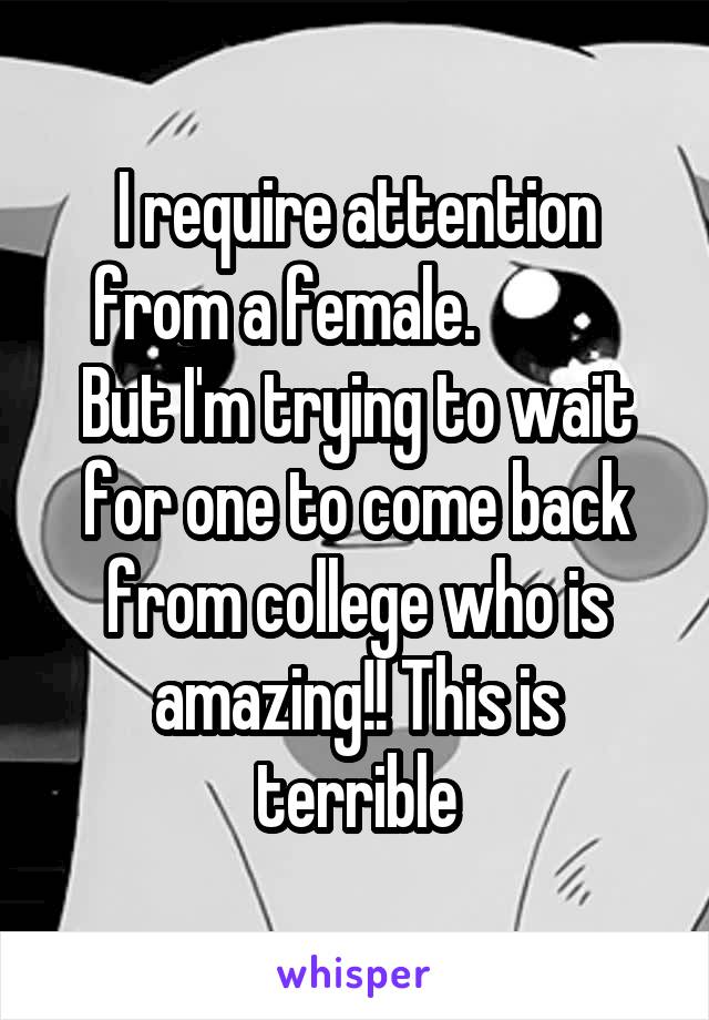 I require attention from a female.            But I'm trying to wait for one to come back from college who is amazing!! This is terrible