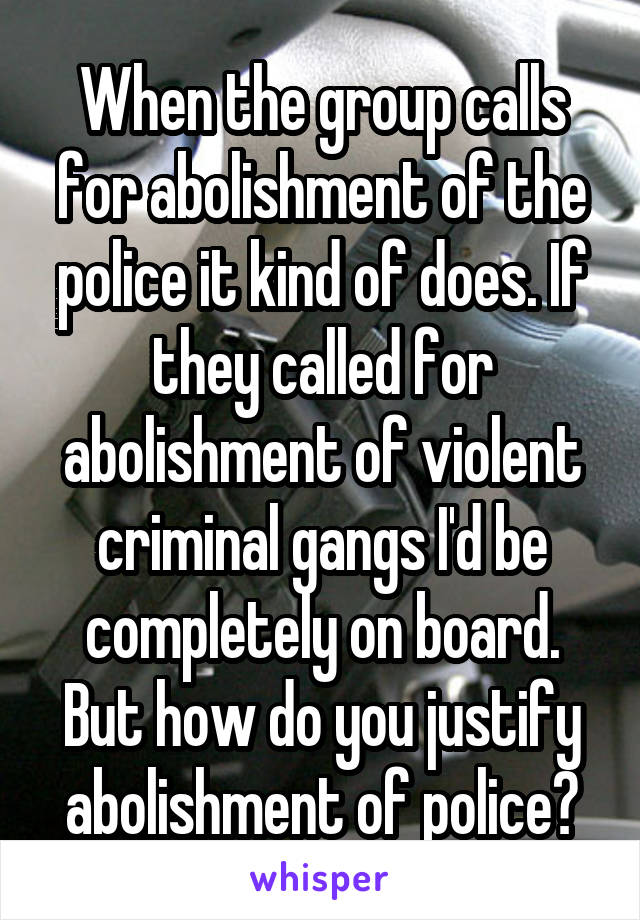 When the group calls for abolishment of the police it kind of does. If they called for abolishment of violent criminal gangs I'd be completely on board. But how do you justify abolishment of police?