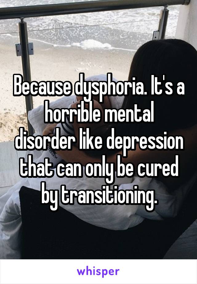Because dysphoria. It's a horrible mental disorder like depression that can only be cured by transitioning.