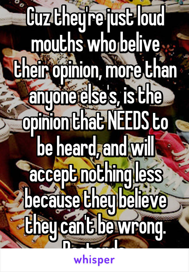 Cuz they're just loud mouths who belive their opinion, more than anyone else's, is the opinion that NEEDS to be heard, and will accept nothing less because they believe they can't be wrong. Bastards.