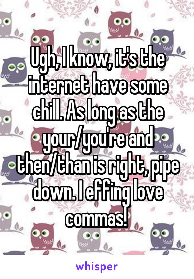 Ugh, I know, it's the internet have some chill. As long as the your/you're and then/than is right, pipe down. I effing love commas! 