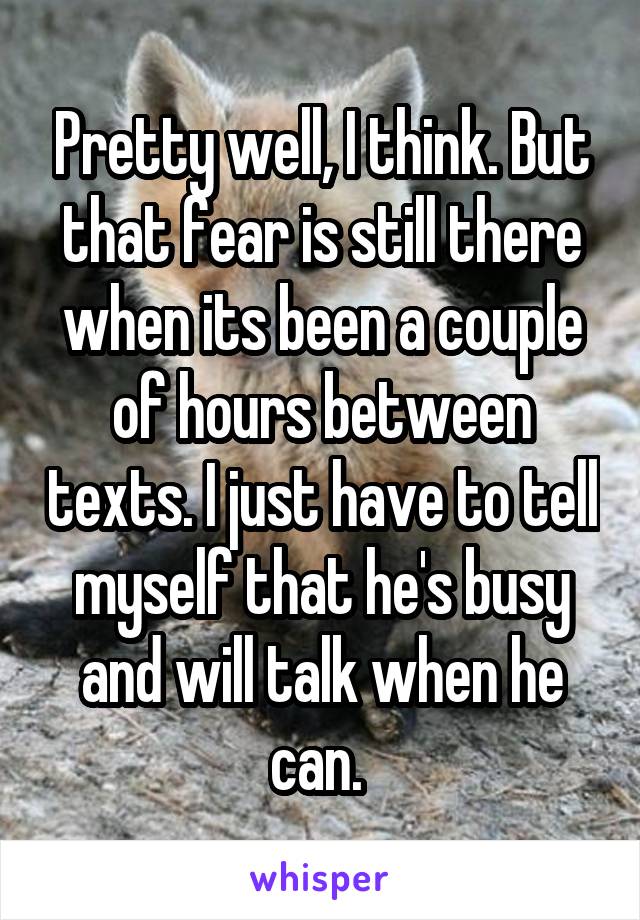 Pretty well, I think. But that fear is still there when its been a couple of hours between texts. I just have to tell myself that he's busy and will talk when he can. 