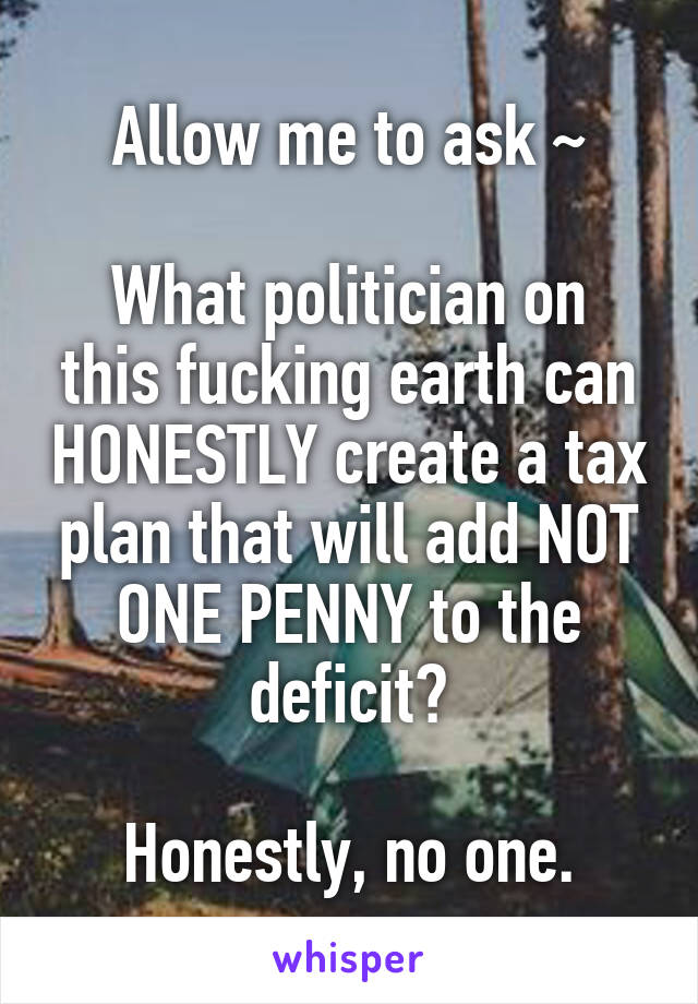 Allow me to ask ~

What politician on this fucking earth can HONESTLY create a tax plan that will add NOT ONE PENNY to the deficit?

Honestly, no one.