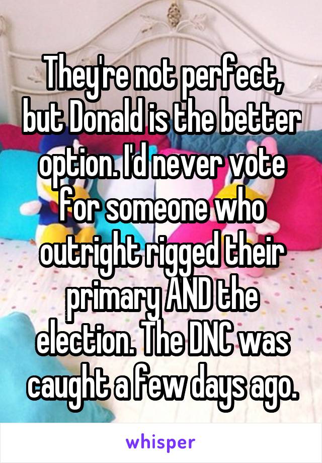 They're not perfect, but Donald is the better option. I'd never vote for someone who outright rigged their primary AND the election. The DNC was caught a few days ago.