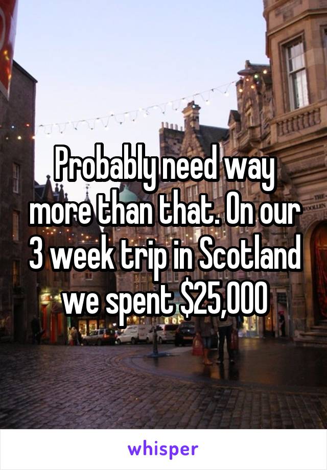 Probably need way more than that. On our 3 week trip in Scotland we spent $25,000