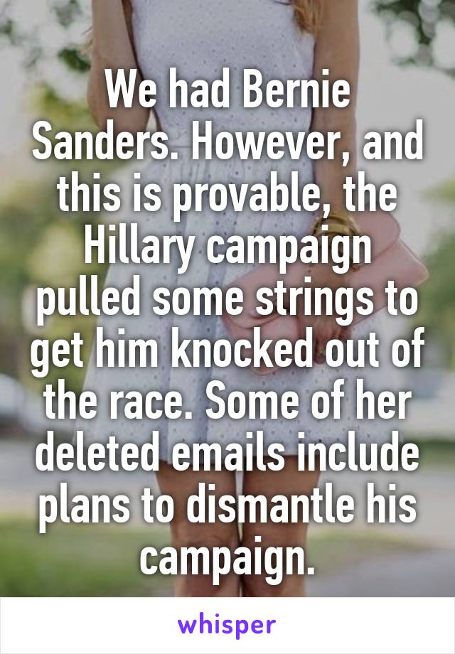 We had Bernie Sanders. However, and this is provable, the Hillary campaign pulled some strings to get him knocked out of the race. Some of her deleted emails include plans to dismantle his campaign.