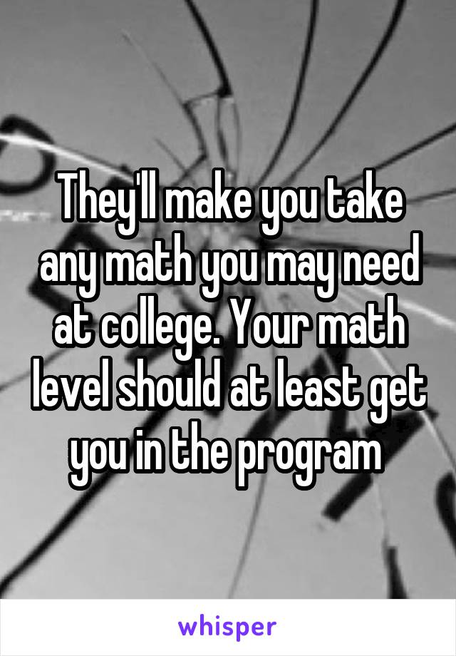 They'll make you take any math you may need at college. Your math level should at least get you in the program 
