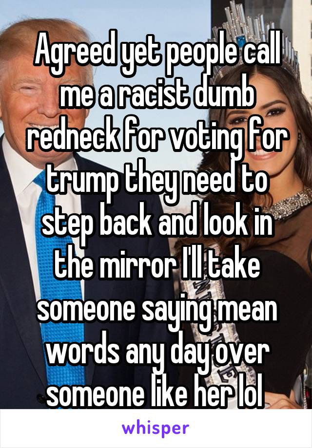 Agreed yet people call me a racist dumb redneck for voting for trump they need to step back and look in the mirror I'll take someone saying mean words any day over someone like her lol 