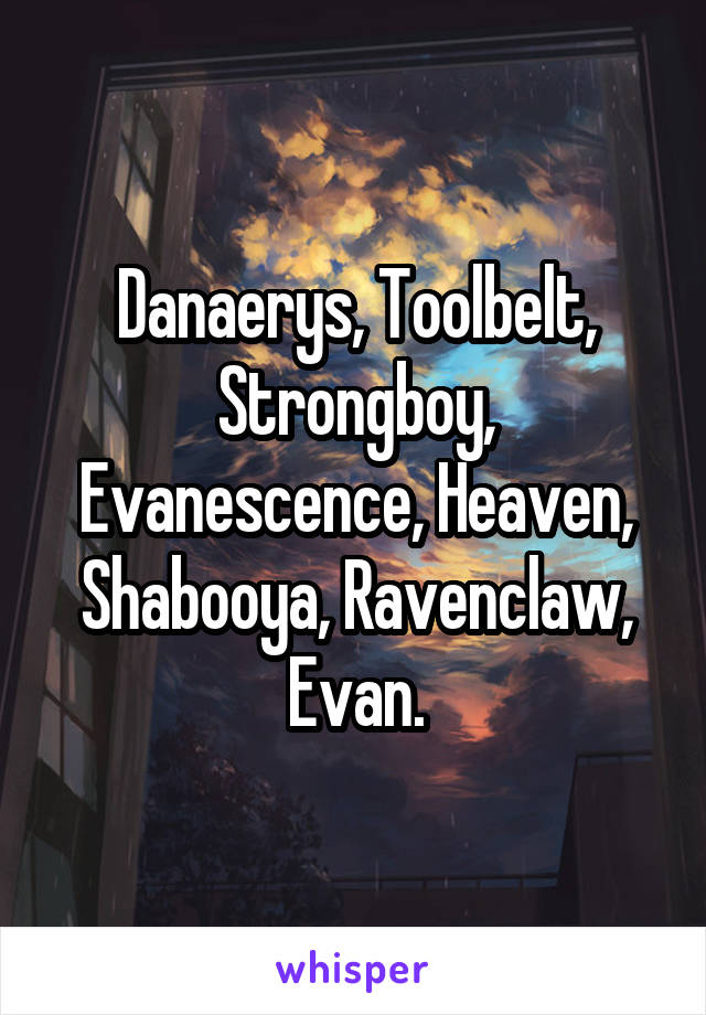 Danaerys, Toolbelt, Strongboy, Evanescence, Heaven, Shabooya, Ravenclaw, Evan.